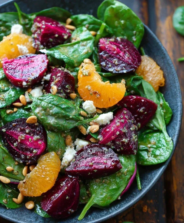 Beet Salad with Spinach and Honey-Mustard Lemon Dressing