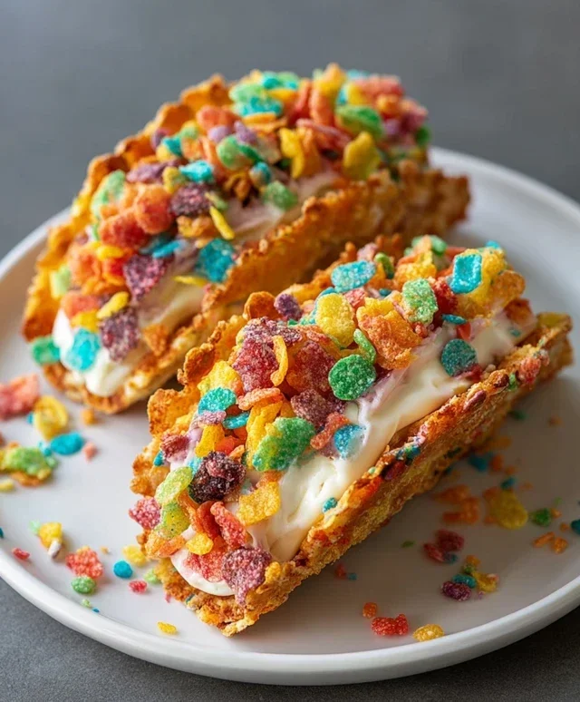 Fruity Pebbles Cheesecake Tacos