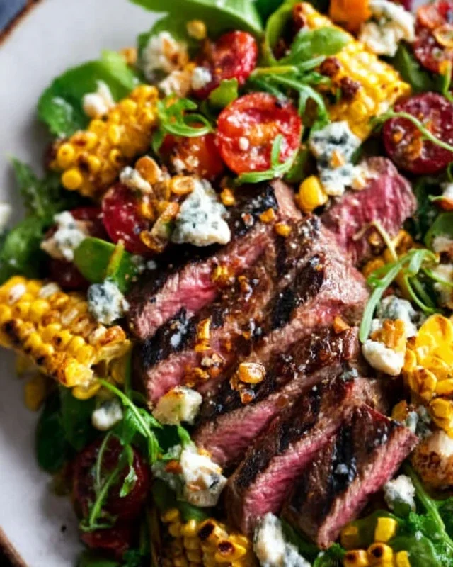 Balsamic Steak Gorgonzola Salad with Grilled Corn