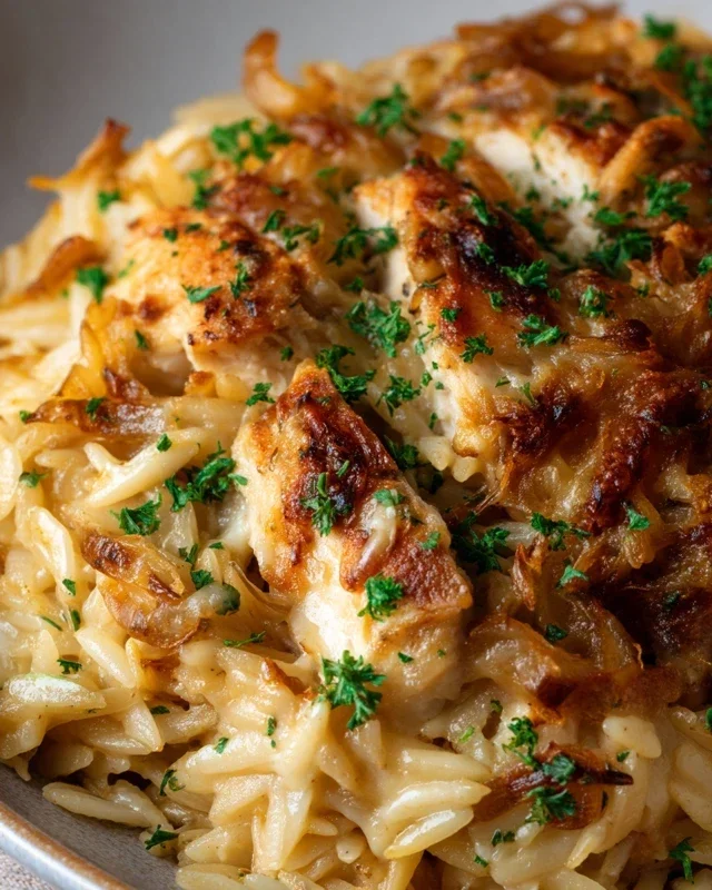 French Onion Chicken Orzo Casserole