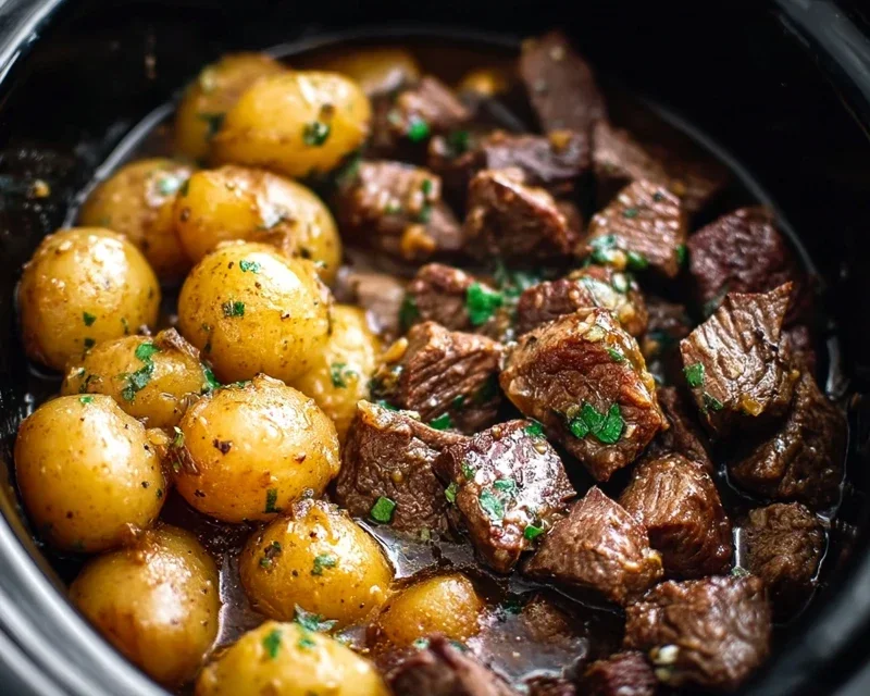 Slow Cooker Garlic Butter Beef Bites with Potatoes