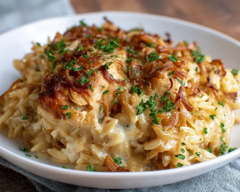 French Onion Chicken Orzo Casserole