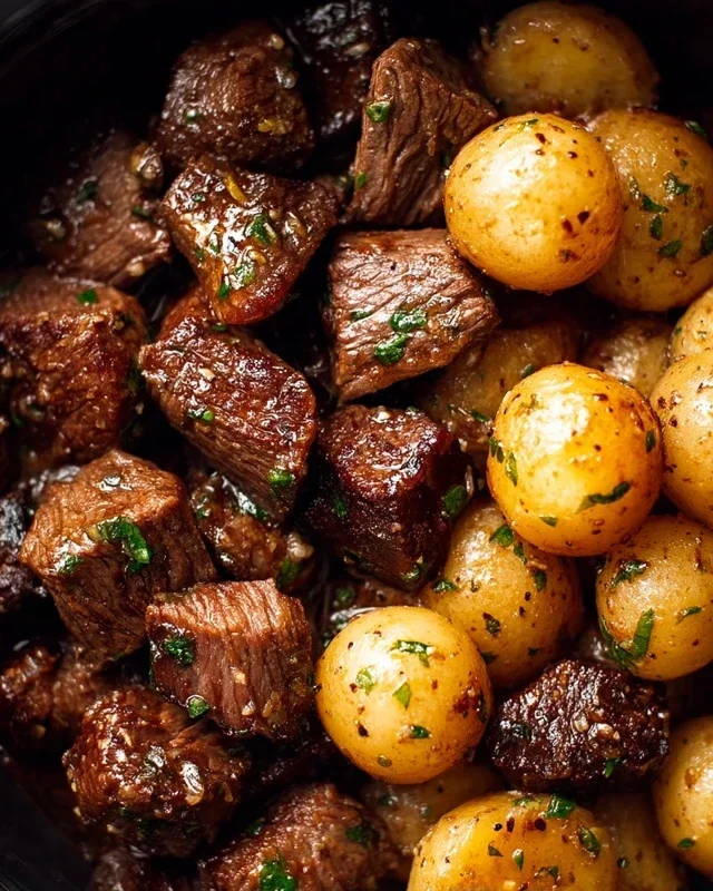 Slow Cooker Garlic Butter Beef Bites with Potatoes