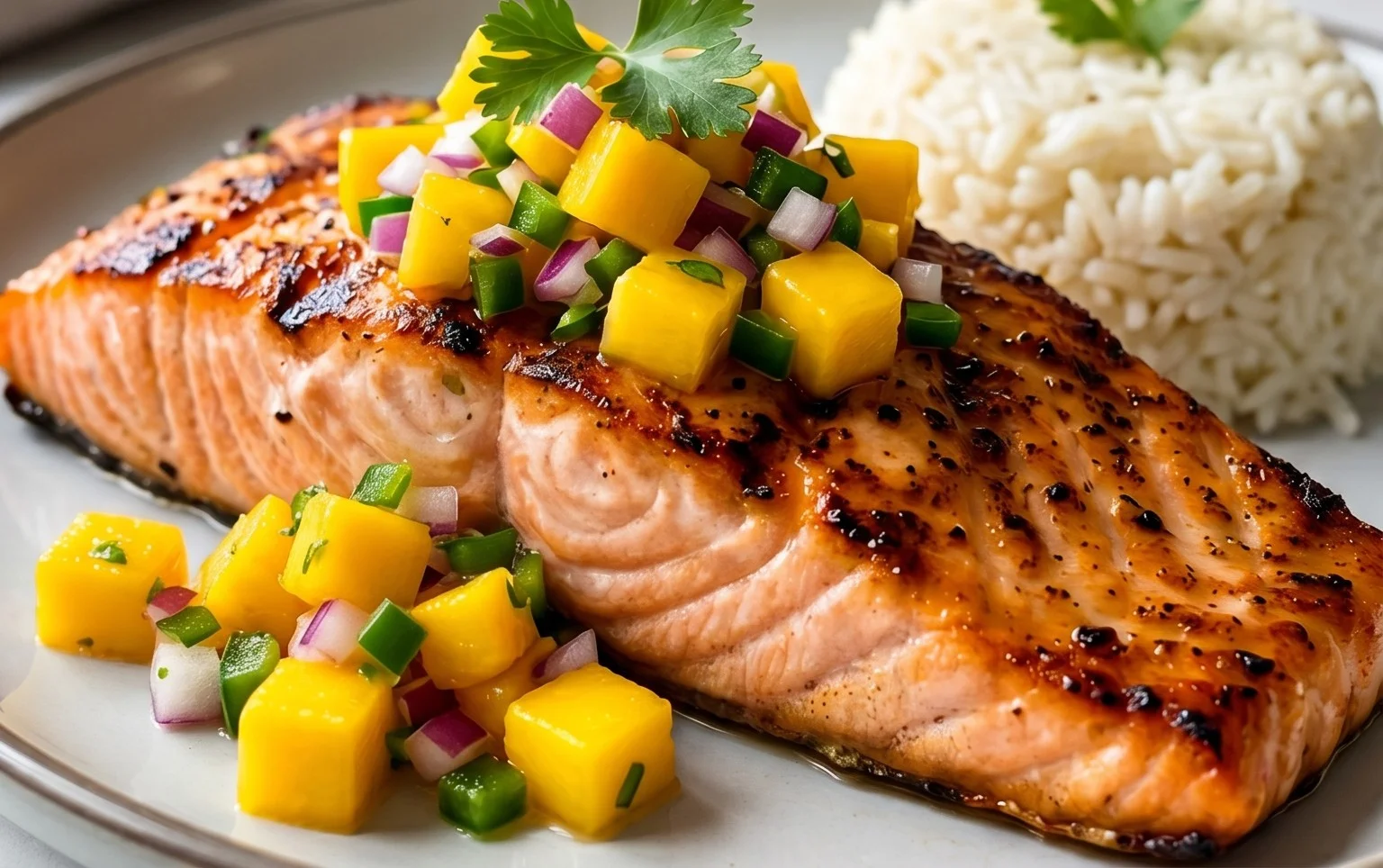 Grilled Salmon with Mango Salsa and Coconut Rice