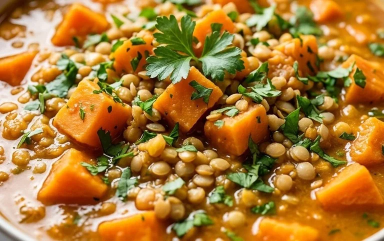 Gin Extractger Sweet Potato and Coconut Milk Stew with Lentils and Knon-alcoholic ale