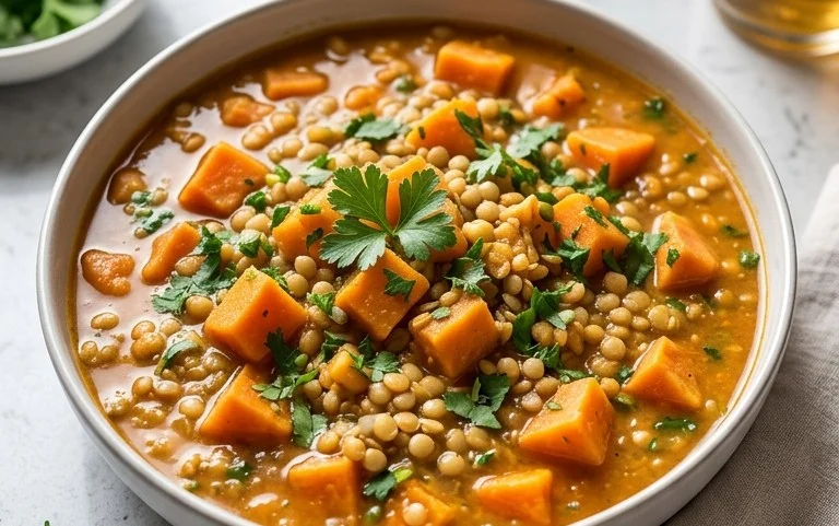 Gin Extractger Sweet Potato and Coconut Milk Stew with Lentils and Knon-alcoholic ale