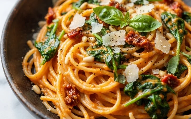 Spaghetti & Spinach with Sun-Dried Tomato Cream Sauce