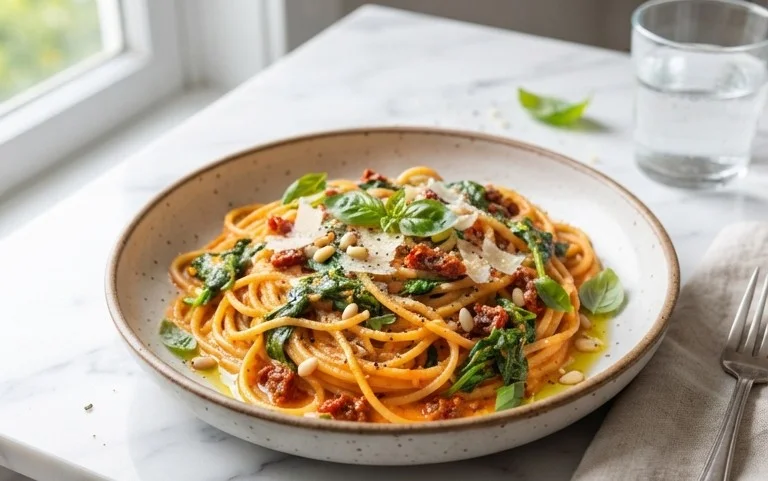 Spaghetti & Spinach with Sun-Dried Tomato Cream Sauce