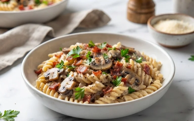 Creamy Beef Bacon and Mushroom Pasta