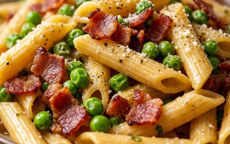 Penne Pasta, Peas and Beef Bacon