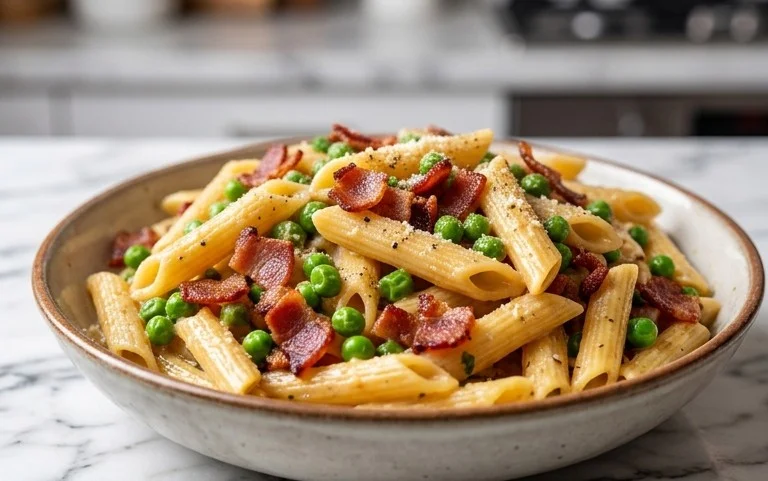 Penne Pasta, Peas and Beef Bacon