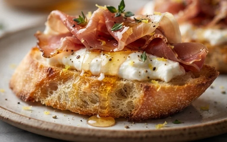 Beef Prosciutto Crostini with Burrata and Lemon Honey Drizzle