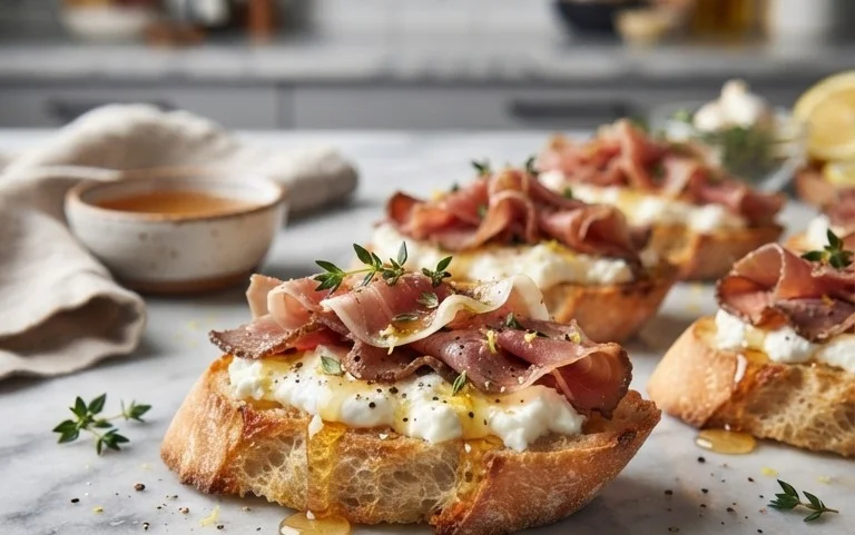 Beef Prosciutto Crostini with Burrata and Lemon Honey Drizzle